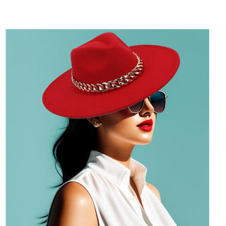 Wide XL Brim Fedora with Chain- red