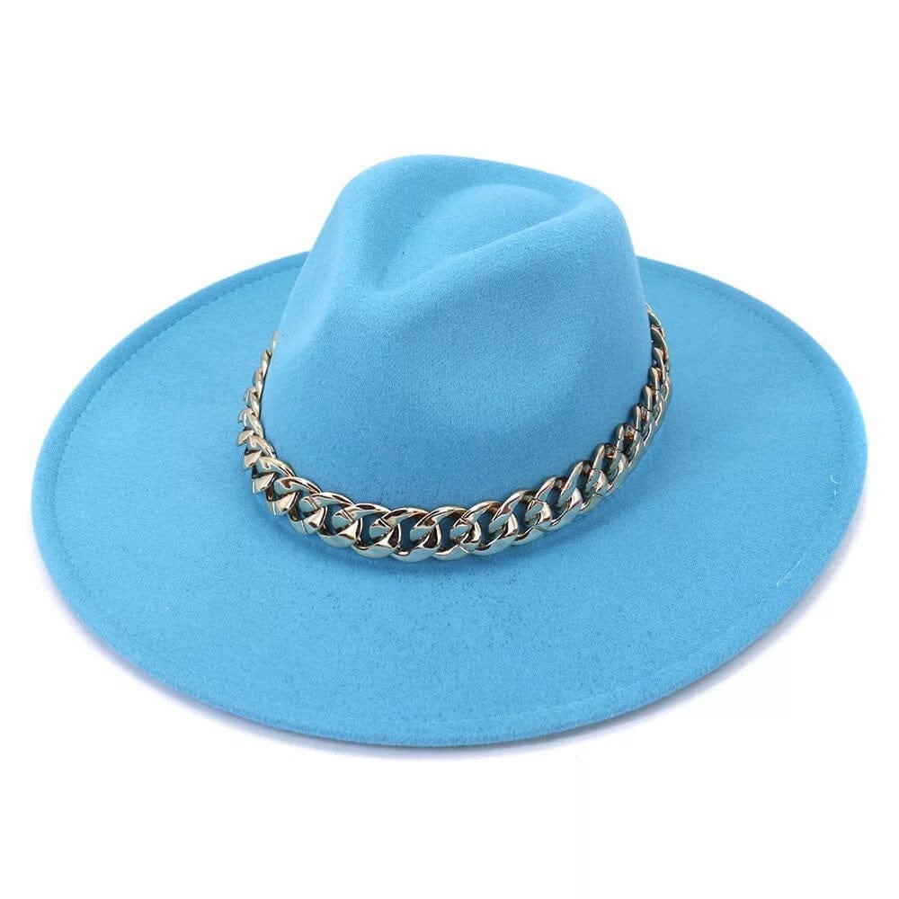 Wide Siff Brim Fedora with Chain - Accessorizmee