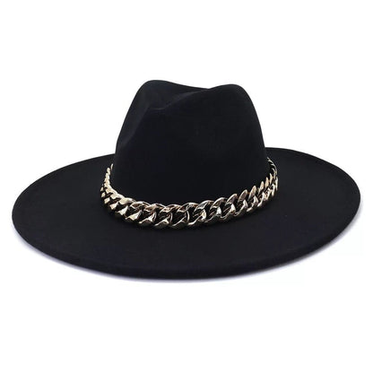 Wide Siff Brim Fedora with Chain - Accessorizmee