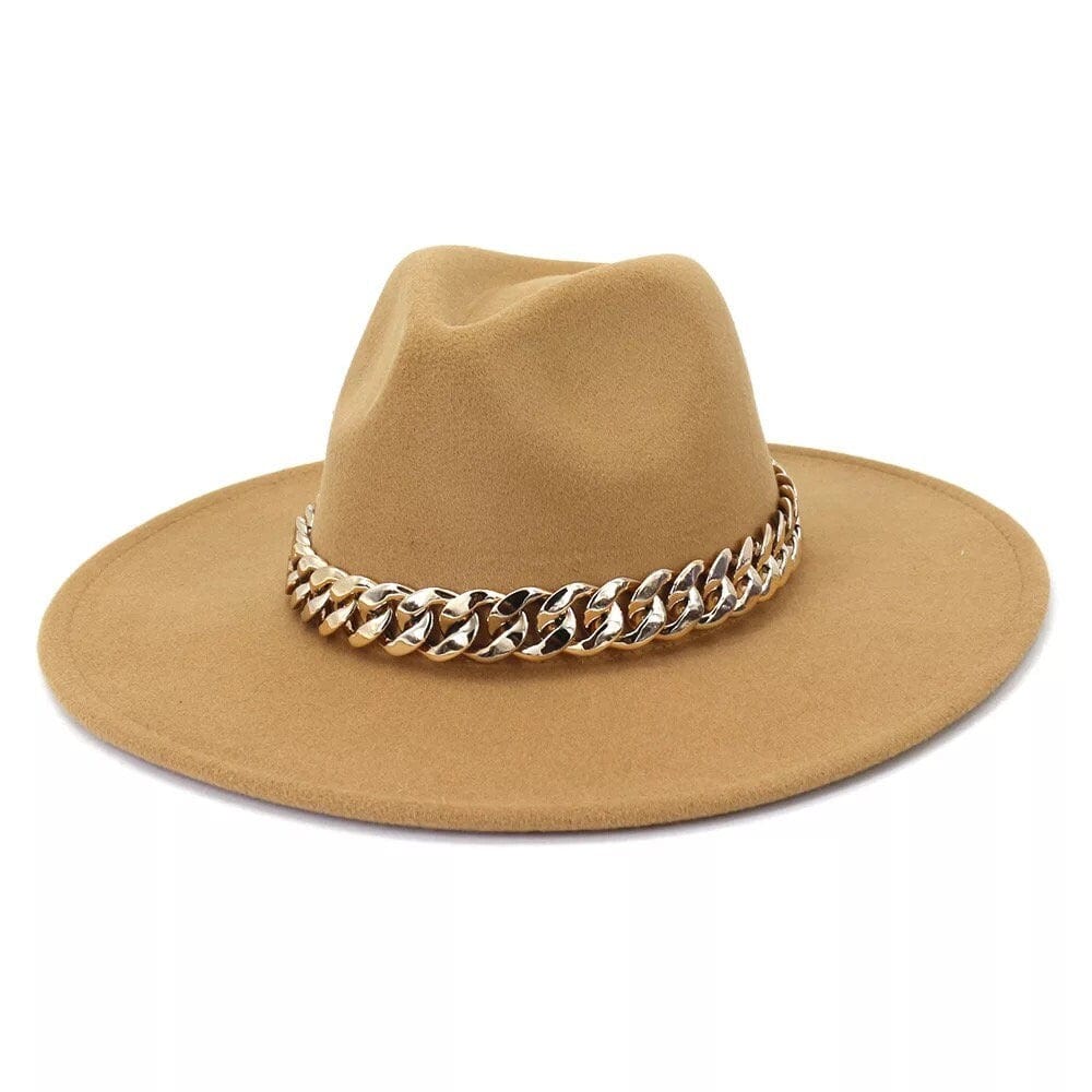 Wide Siff Brim Fedora with Chain - Accessorizmee